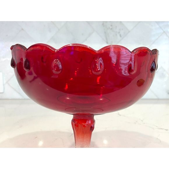 Vintage Indiana Glass Ruby Red Tear Drop Scalloped Pedestal Compote Bowl 7.5" - Picture 3 of 8